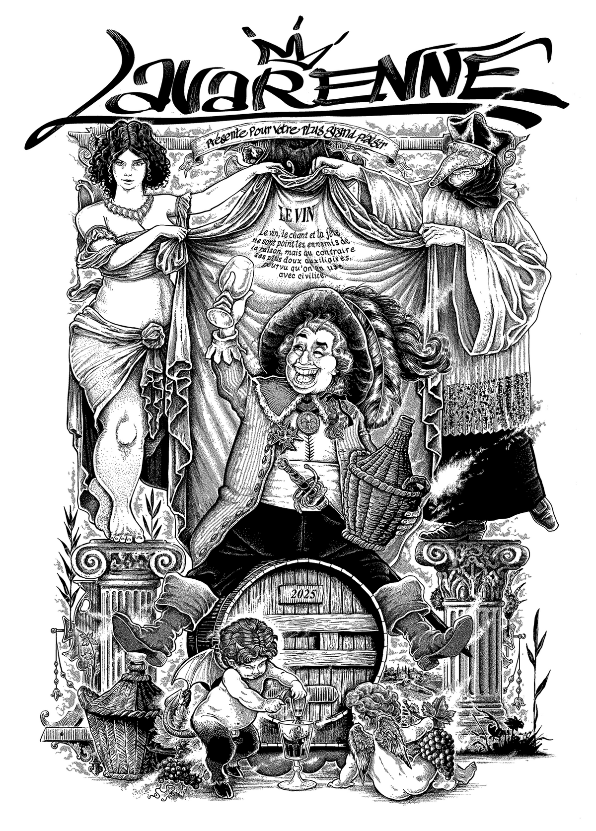 Affiche noir et blanc style gravure : noble du 17e siècle riant et levant son verre de vin — vu de face