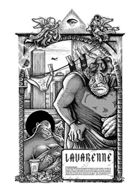 Affiche noir et blanc style gravure : super-héros fatigué entouré d'icônes pop détournées — vu de face