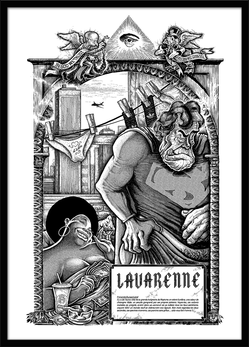 Affiche noir et blanc style gravure : super-héros fatigué entouré d'icônes pop détournées — porté