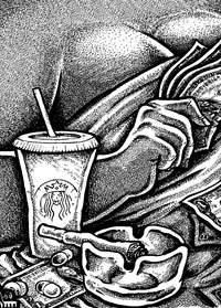 Affiche noir et blanc style gravure : super-héros fatigué entouré d'icônes pop détournées — vue de dos