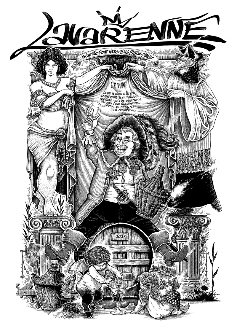Affiche noir et blanc style gravure : noble du 17e siècle riant et levant son verre de vin — vu de face