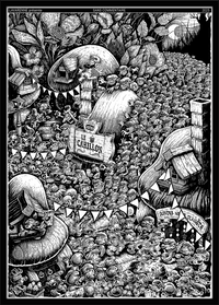 Affiche noir et blanc style gravure : village de gobelins en fête sous le panneau Le Carillon — porté