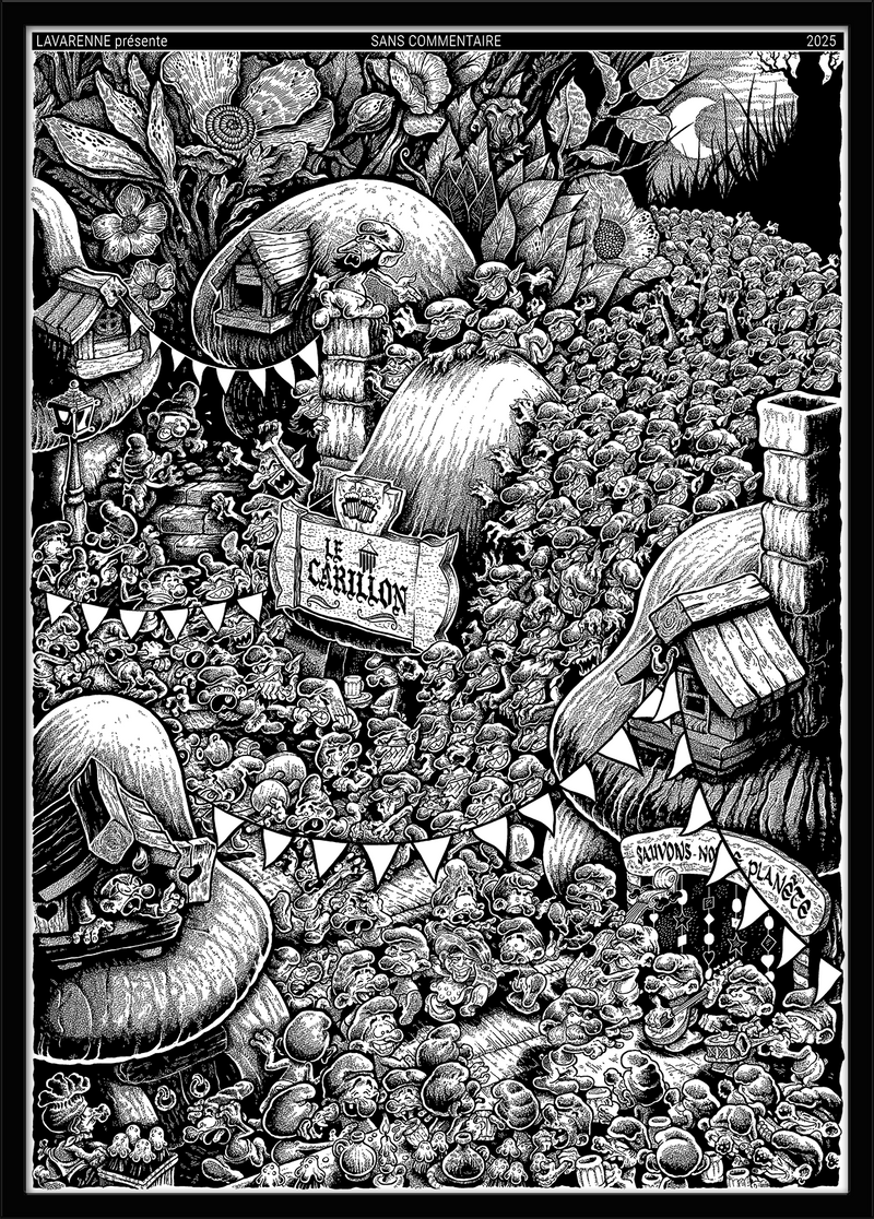 Affiche noir et blanc style gravure : village de gobelins en fête sous le panneau Le Carillon — porté