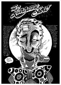 Affiche noir et blanc style gravure : clown à l'œil au beurre noir avec pipe et nœud papillon cible — vu de face