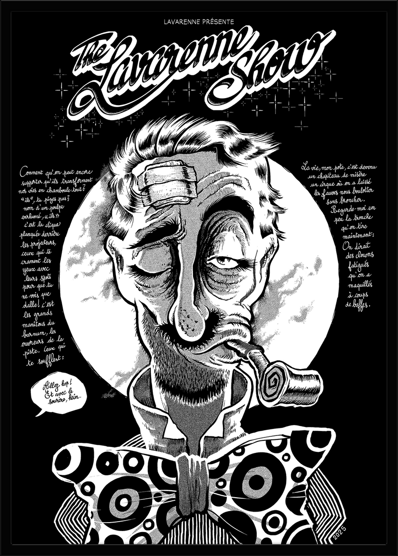 Affiche noir et blanc style gravure : clown à l'œil au beurre noir avec pipe et nœud papillon cible — porté