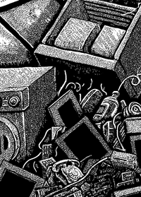 Affiche noir et blanc style gravure : décharge post-industrielle d'écrans et machines abandonnés — détail du visuel