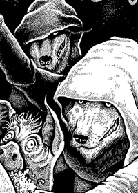 Affiche noir et blanc style gravure : loups cagoulés en plan d'attaque, relecture des trois petits cochons — détail du visuel
