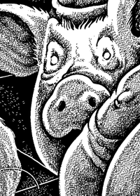 Affiche noir et blanc style gravure : loups cagoulés en plan d'attaque, relecture des trois petits cochons — vue de dos