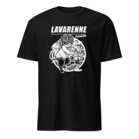 T-shirt noir LAVARENNE visuel gravure d'un petit ange ailé préparant une boisson — vu de face